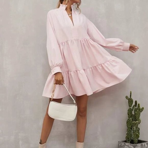Baby Pink Babydoll Mini Long sleeved Dress - Picture 1 of 13